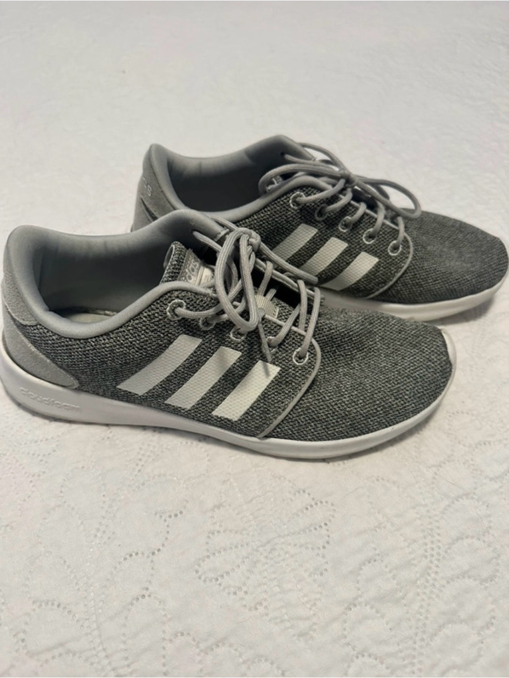 adidas Women’s Gray Knit Sneakers with White Three-Stripes